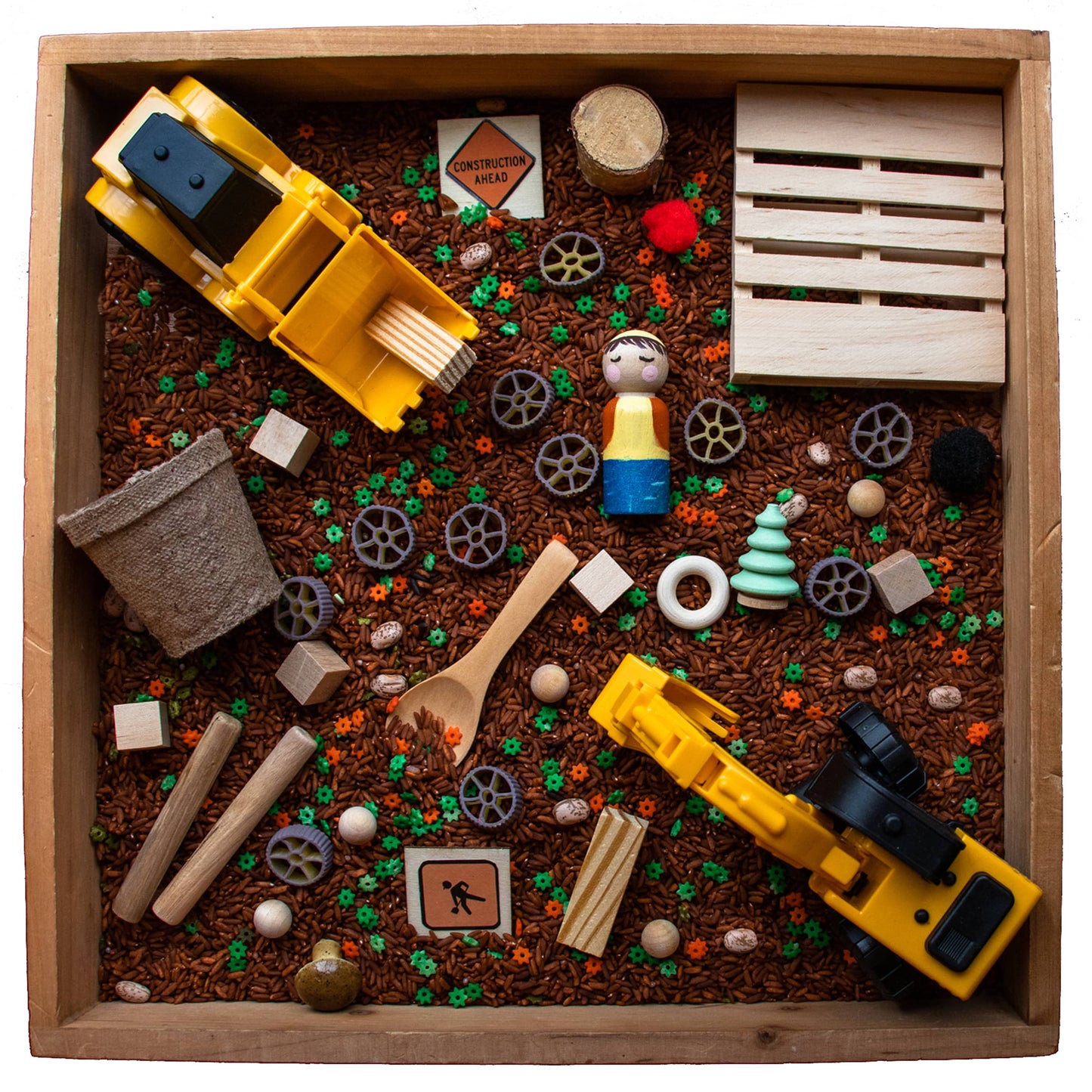 sensory bin, construction sensory bin, educational toy, sensory toys, sensory play, sensory exploration, sensory box, sensory activities, sensory development, autism toys, autism sensory, toddler sensory, calming sensory, preschool activities, fidget toy, sensory filler
